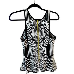 Artelier by Nicole Miller Blk Wht Geometric w/Chartreuse Zipper Back Peplum Tank
